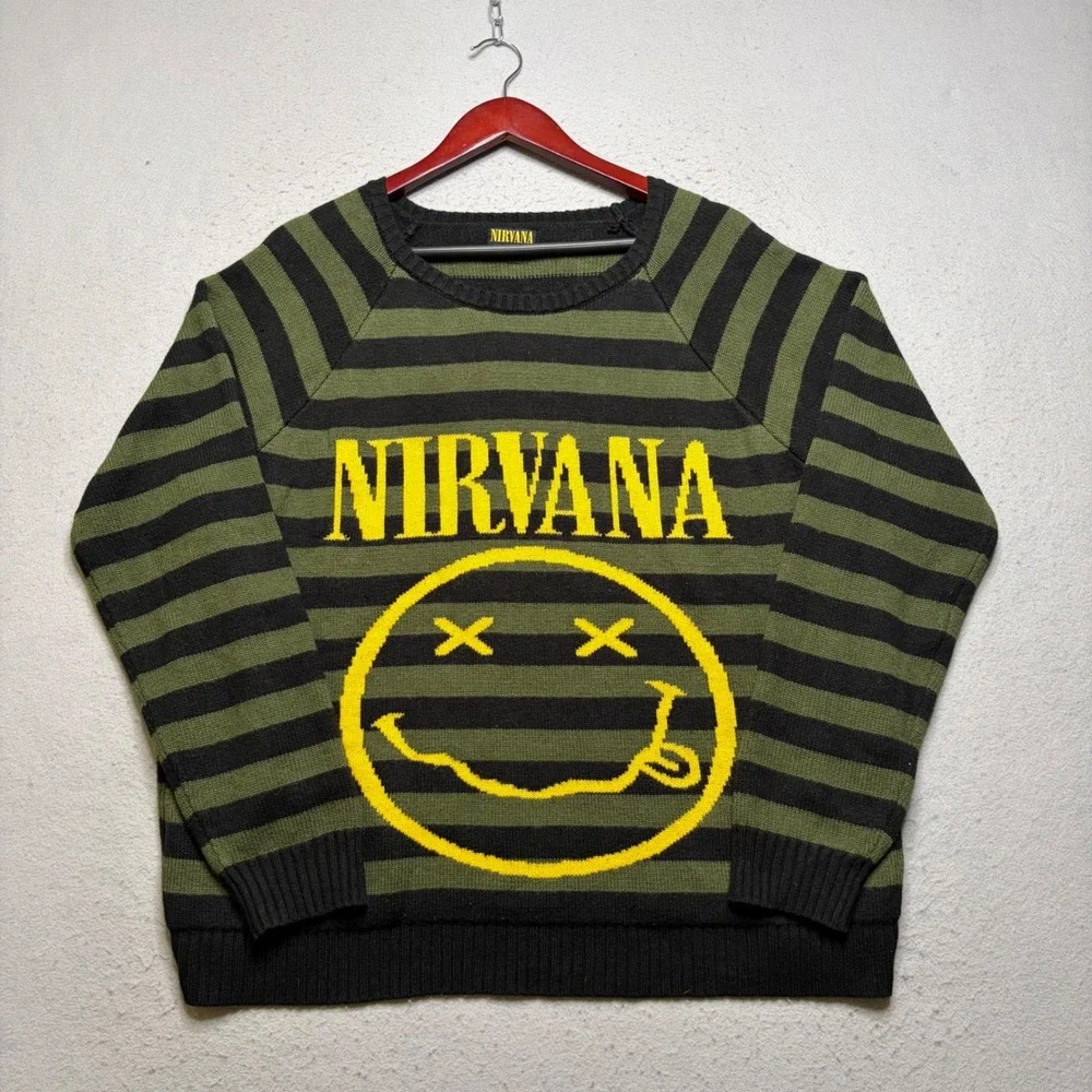 Nirvana Sweater Mens XL Green Black Striped Smiley Face Logo Knit Pullover Y2K